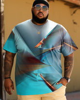 Men's Plus Size Artistic Blue Print Short Sleeve T-Shirt